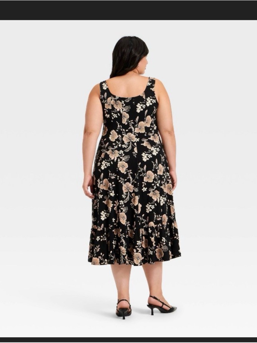 Floral Square-Neck Midi Dress in Black and Beige Plus size - Picture 2 of 2